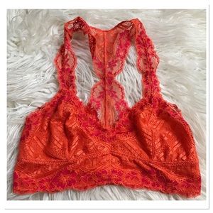 Free People Racerback Lace Bralette Orange & Hot Pink Floral Lace Size XS